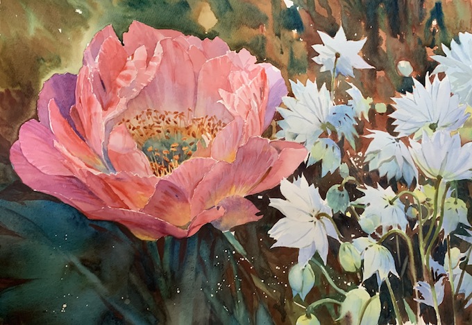 Richard Bolton | Coral Charm with Astrantia | Watercolour | McAtamney Gallery and Design Store | Geraldine NZ